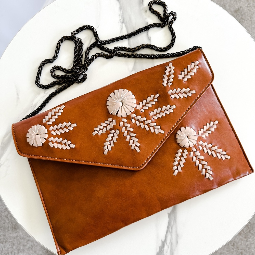 Chestnut Brown Envelope Crossbody Embroidered Purse